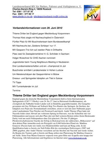 Thieme Dritter bei England gegen Mecklenburg-Vorpommern