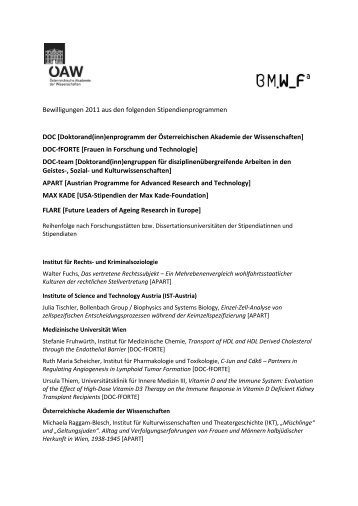 Bewilligungen 2011 aus den folgenden Stipendienprogrammen ...