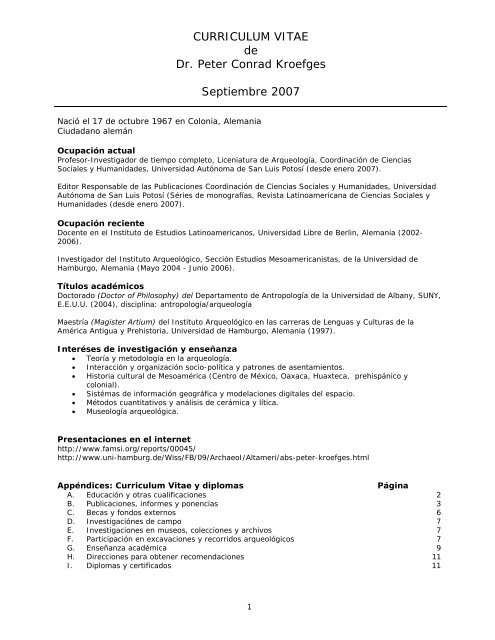 curriculum vitae of peter conrad kroefges - Universidad Autónoma ...