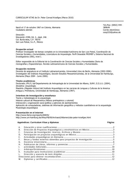 CURRICULUM VITAE de Dr. Peter Conrad Kroefges - Universidad ...