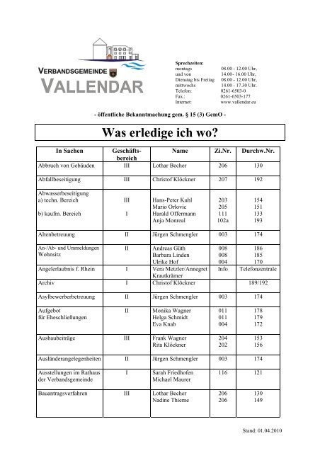 Was erledige ich wo? - Verbandsgemeinde Vallendar