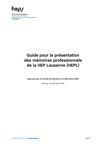Guide pour la présentation des mémoires professionnels de la HEP ...