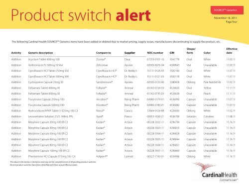 Product switch alert - Cardinal Health