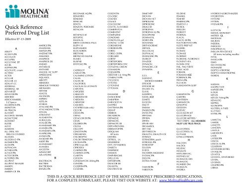 Quick Reference Preferred Drug List - Molina Healthcare