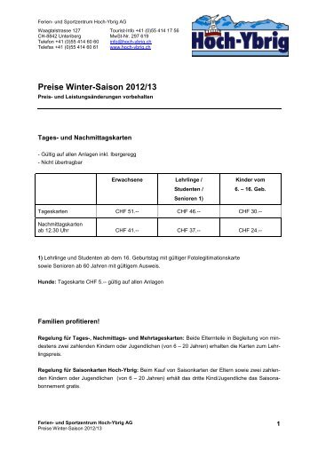 Preise Winter-Saison 2012/13 - Hoch-Ybrig