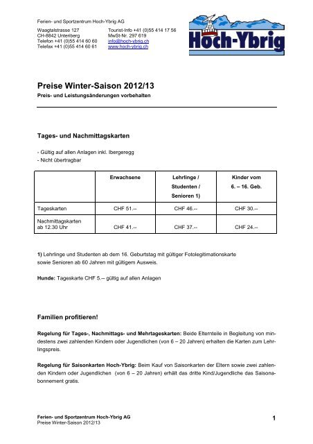 Preise Winter-Saison 2012/13 - Hoch-Ybrig