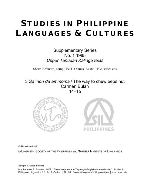 STUDIES IN PHILIPPINE LANGUAGES & CULTURES