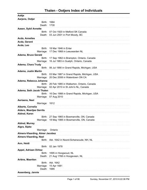 Thalen - Ootjers Index of Individuals - page