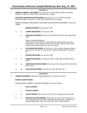 Descendants of Norman Campbell MacKenzie, Born Aug. 16, 1895