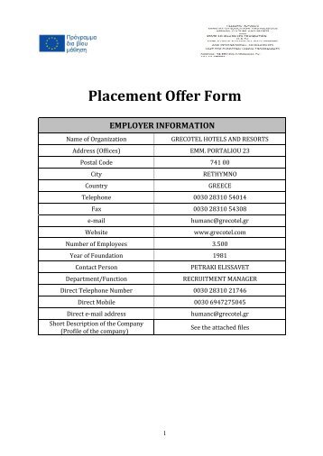 Placement Offer Form EMPLOYER INFORMATION - Cmepius