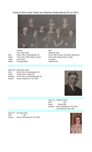 Family of Harm Jacob Thalen and Hillechien Stukje (Married ... - page