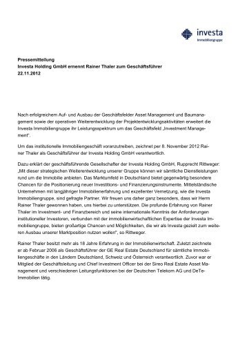 Pressemitteilung Investa Holding GmbH ernennt Rainer Thaler zum ...