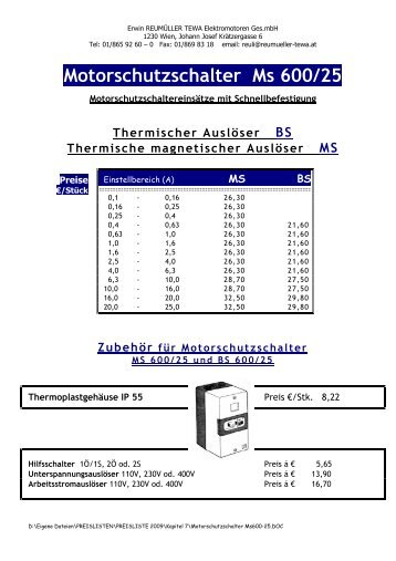 Motorschutzschalter Ms 600/25 - Reumüller - TEWA