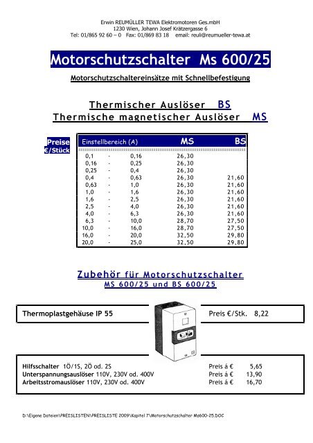 Motorschutzschalter Ms 600/25 - Reumüller - TEWA