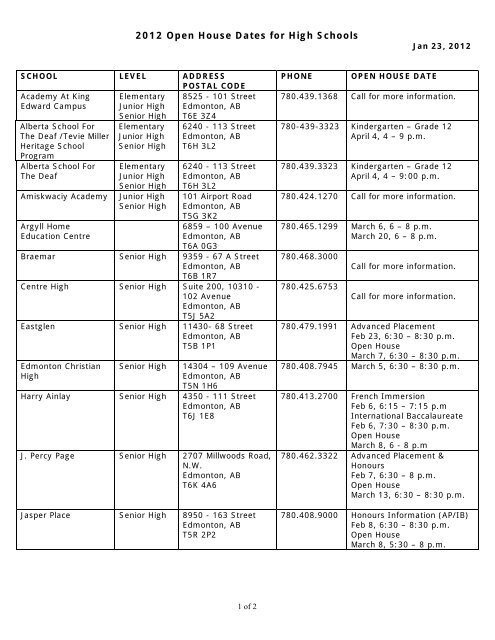 2012 Open House Dates for High Schools - Edmonton Public Schools