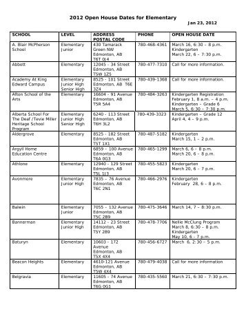 2012 Open House Dates for Elementary - Edmonton Public Schools