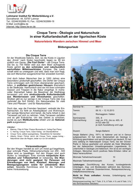 Bildungsurlaub - Cinque Terre . Flyer - LIW
