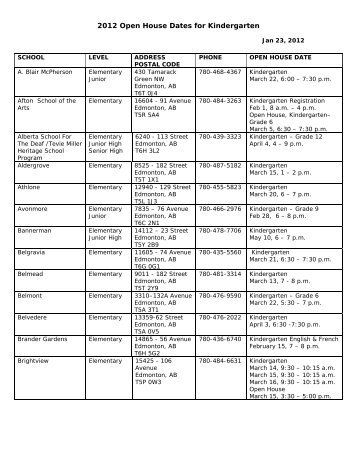 2012 Open House Dates for Kindergarten - Edmonton Public Schools