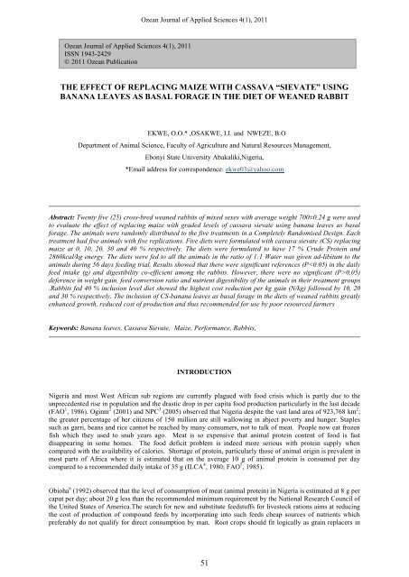 effect of replacing maize with cassava “sievate” - Ozean Publications