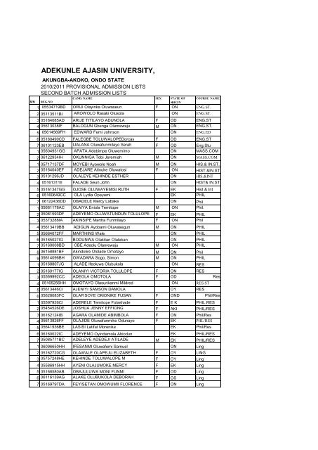 Supplementary Admissions 10 11 O Adekunle Ajasin University