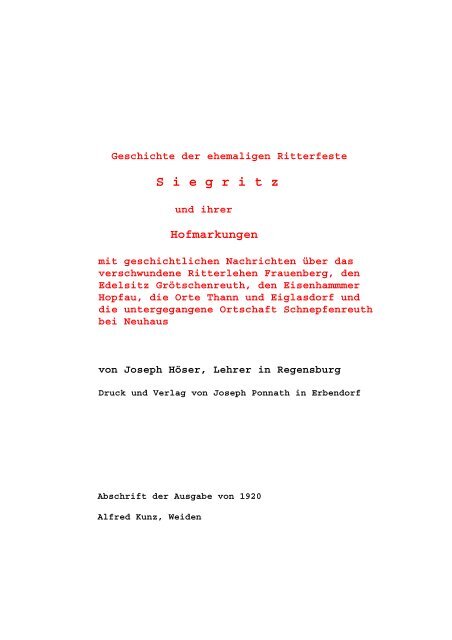 Geschichte der ehemaligen Ritterfeste Siegritz - Familienforschung ...
