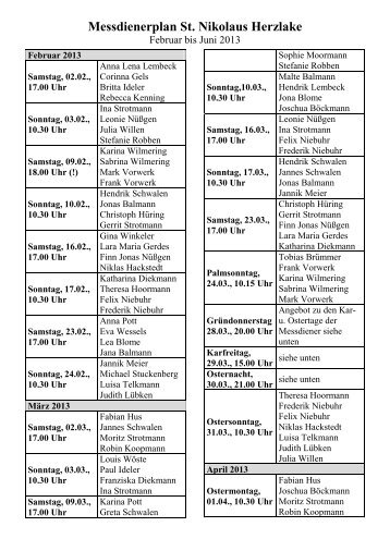 Messdienerplan Herzlake: Februar bis Juni 2013