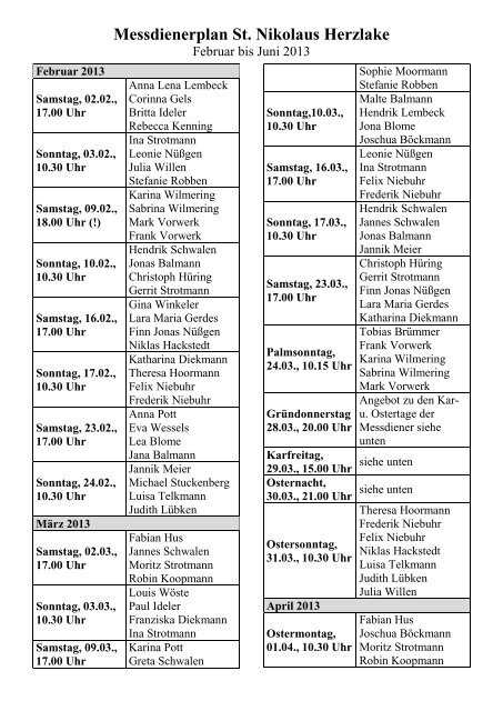 Messdienerplan Herzlake: Februar bis Juni 2013