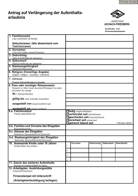 Aufenthaltstitel verlängern formular