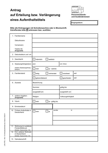 Antrag Auf Erteilung Bzw Verl ngerung Eines Aufenthaltstitels