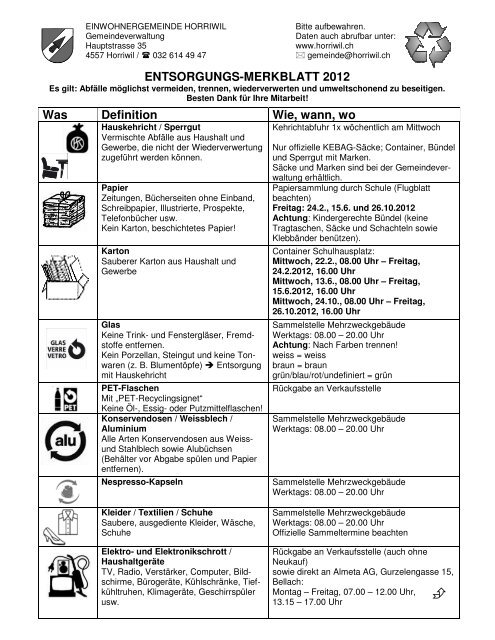 ENTSORGUNGS-MERKBLATT 2012 - Horriwil