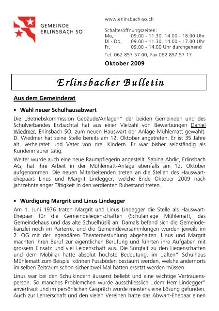 Bulletin-Oktober09 [PDF, 85.0 KB] - Gemeinde Erlinsbach SO