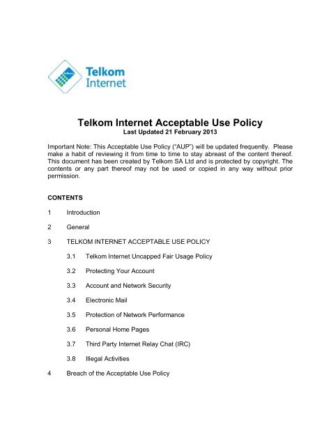 Telkom Internet Acceptable Use Policy (AUP)