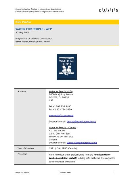 Ngo Profile.pdf NGO Profile WATER FOR PEOPLE - The Graduate Institute, Geneva