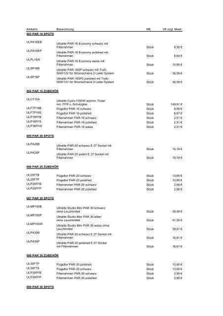 Artikelnr. Bezeichnung ME VK zzgl. Mwst. 003 PAR 16 SPOTS