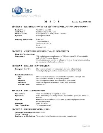 PreCast Polyacrylamide Gels MSDS - Embi Tec