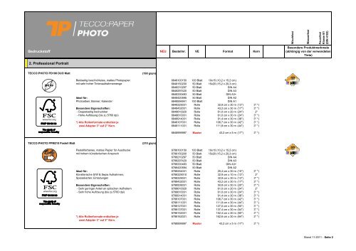 Sortimentsliste Tecco Photo Bedruckstoffe