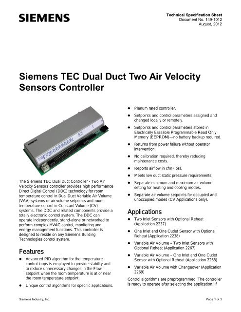 Siemens TEC Dual Duct Two Air Velocity Sensors Controller