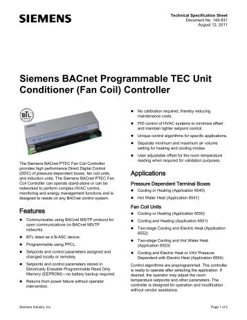 Siemens BACnet Programmable TEC Unit Conditioner (Fan Coil ...
