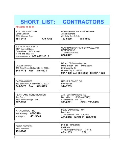 SHORT LIST: CONTRACTORS - Granite City, Illinois