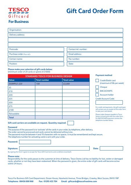 Gift Card Order Form - Tesco