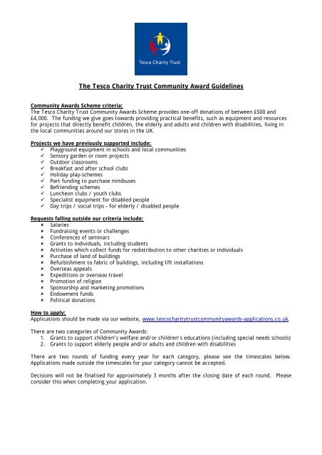 The Tesco Charity Trust Community Award Guidelines Tesco Plc