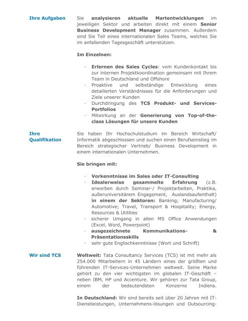 Junior Analyst Vertrieb - Tata Consultancy Services