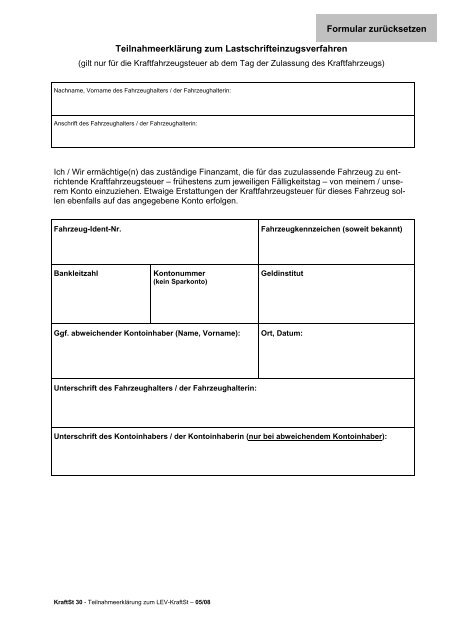 Einzugsermächtigung für die Kfz-Steuer