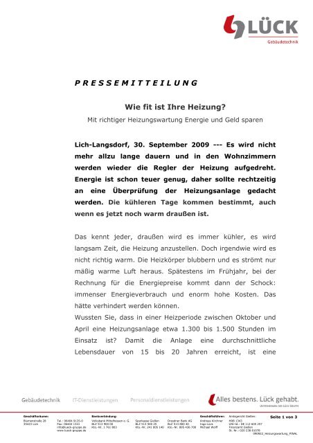 Pressemitteilung - Lück Gebäudetechnik GmbH