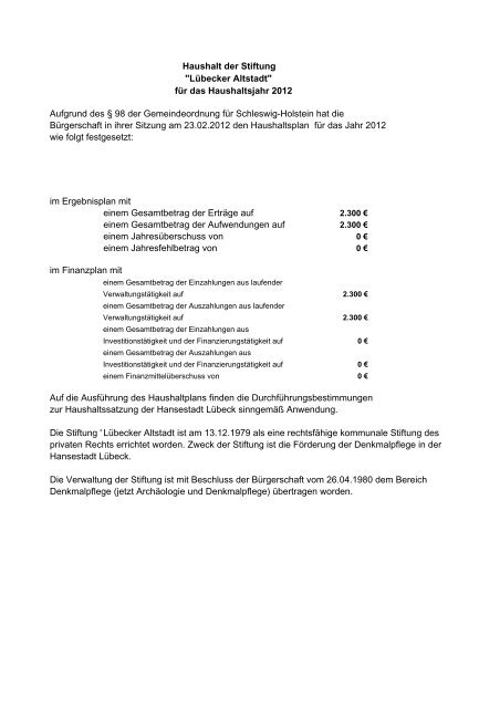 Haushaltsplan 2012 Band 2 - Hansestadt LÜBECK