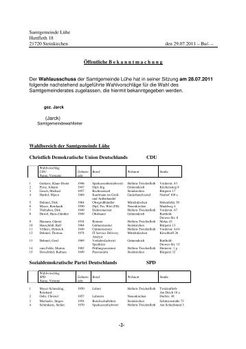 Bekannmachung Zulassung der Wahlvorschläge Samtgemeinde Lühe
