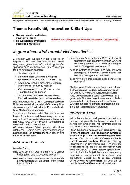 Thema: Kreativität, Innovation & Start-Ups In gute Ideen wird zurecht ...