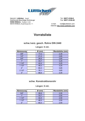 Vorratsliste Rundrohre - Heinrich  Lütticken GmbH