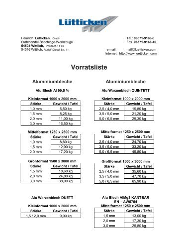 Vorratsliste Halbzeuge - Heinrich Lütticken GmbH