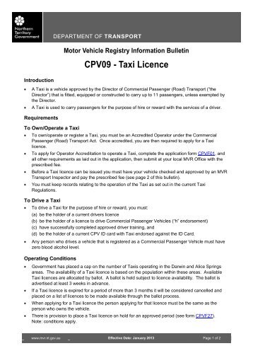 Motor Vehicle Registry Information Bulletin CPV09 - Taxi Licence